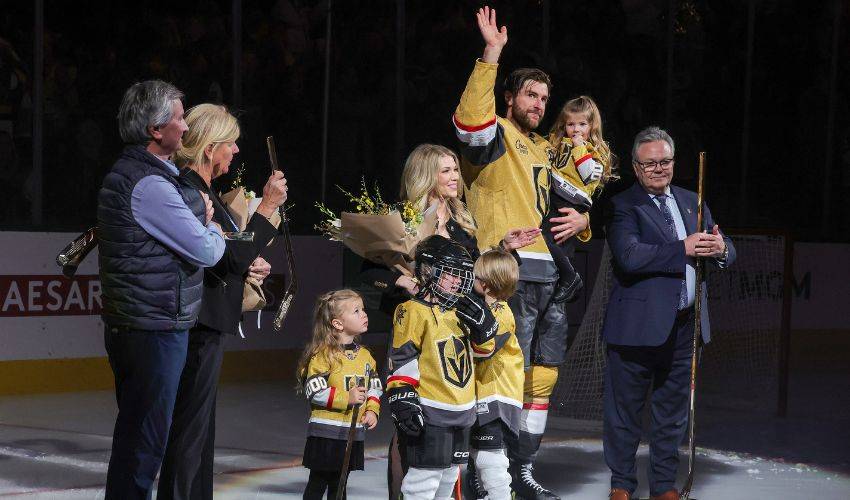 Golden Knights honor Alex Pietrangelo for playing in his 1,000th game