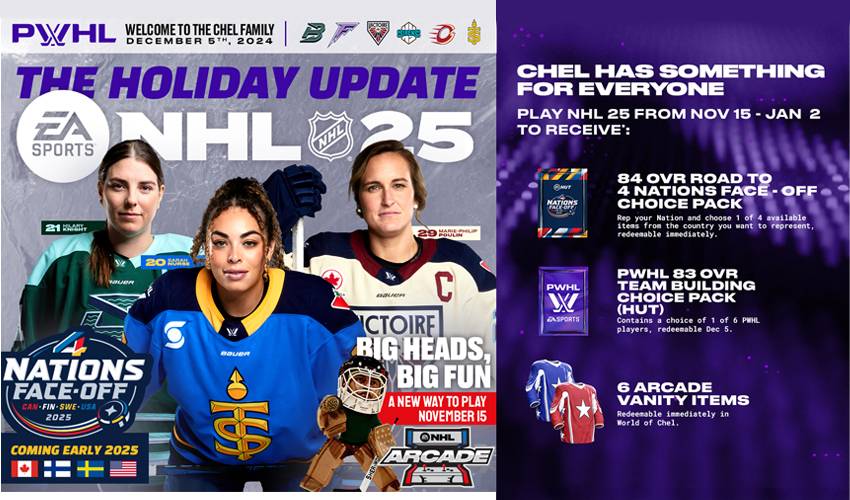 EA SPORTS™ NHL® 25 reveals major holiday update featuring professional women's hockey league, new NHL arcade series, and 4 Nations Face-Off