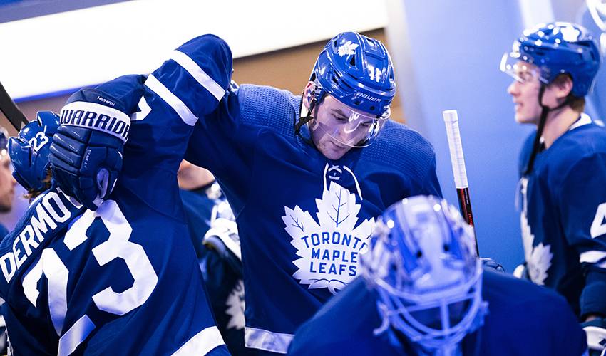 Drake celebrates Zach Hyman's goal in Game 4 