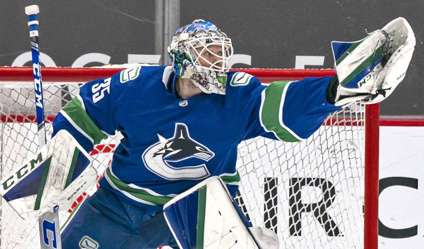 Thatcher Demko of the Vancouver Canucks makes a save against the