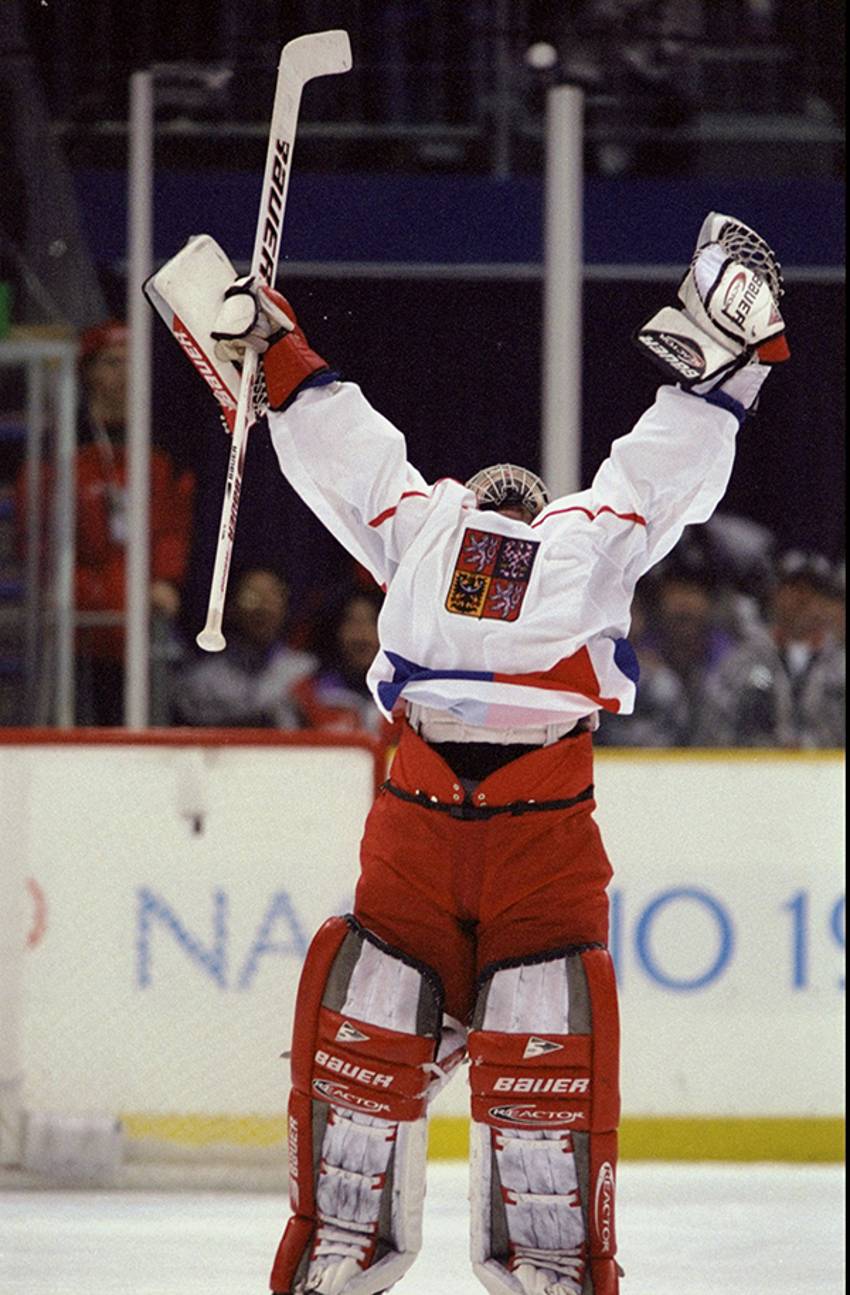 Goalie Dominik Hasek of the Buffalo Sabres warms-up before an NHL News  Photo - Getty Images